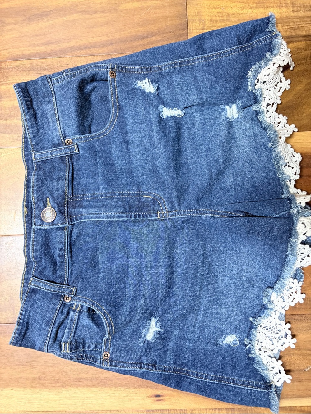 Maurices Blue Distressed Denim Shorts with Lace Trim
